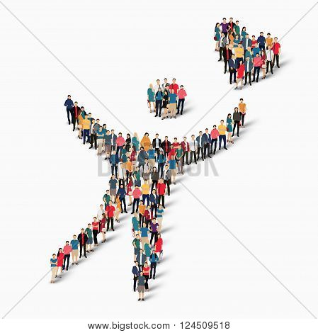 Isometric set of styles, man with heart , web infographics concept  illustration of a crowded square, flat 3d. Crowd point group forming a predetermined shape. Creative people. - Vector Illustration. Stock vector.