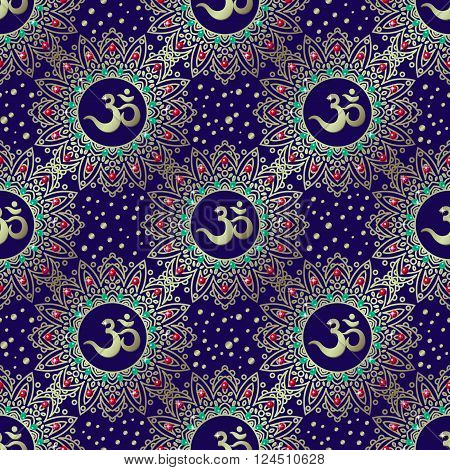 Om symbol seamless pattern. Vintage Gold on blue indigo background. Buddhist motifs yoga meditation spirituality.