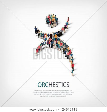 Isometric set of styles, orchestics , web infographics concept  illustration of a crowded square, flat 3d. Crowd point group forming a predetermined shape. Creative people. - Vector Illustration. Stock vector.
