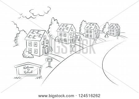 Welcome to Suburb - monochrome linear illustration suburban street with houses vector