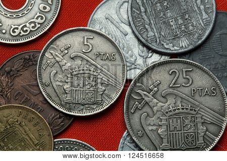 Coins of Spain under Franco. Coat of arms of Spain under Franco depicted in the Spanish five peseta coin (1957).