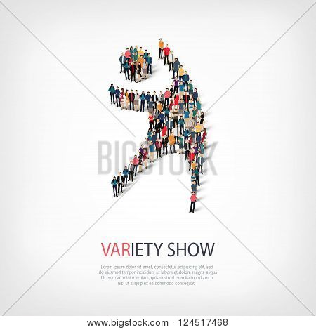 Isometric set of styles, variety show , web infographics concept  illustration of a crowded square, flat 3d. Crowd point group forming a predetermined shape. Creative people. - Vector Illustration. Stock vector.