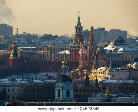 Kremlin wall, Spassky Tower and St Basil Cathedral in Moscow, Russia