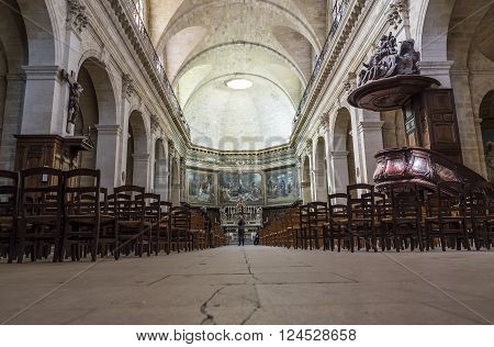 Bordeaux France - March 26 2016. The pipe organ in nave of Notre-Dame church. Notre Dame is the most baroque and romanesque style in Bordeaux Aquitaine. France.