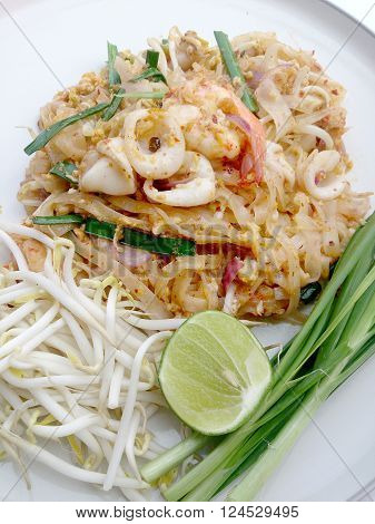 Thai Style Noodles. Thailand's National Dishes, Stir-fried Rice Noodles With Shrimp And Squid (pad T