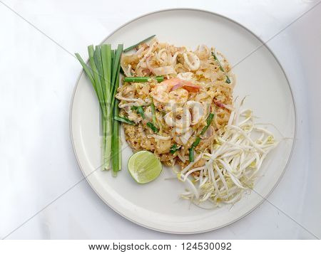 Thai Style Noodles. Thailand's National Dishes, Stir-fried Rice Noodles With Shrimp And Squid (pad T