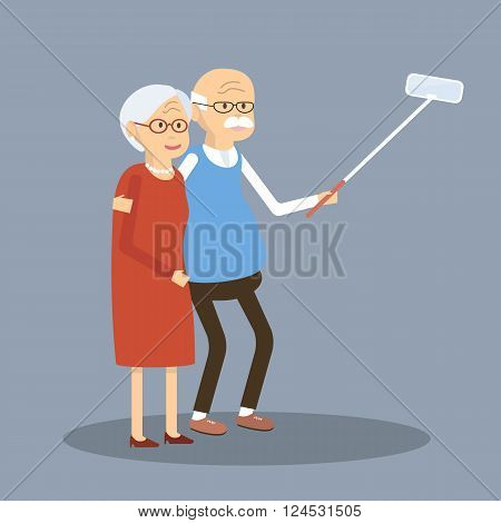 An elderly couple is doing selfie. Old people using modern technology. An elderly man and woman smiling and making selfie with smartphone. Vector illustration. Flat design characters.