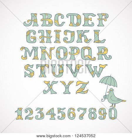 vector hand drawn alphabet and numbers with aztec decorative elements