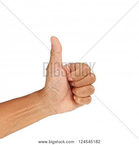 Asian Old man hand with thumb up isolated on white background