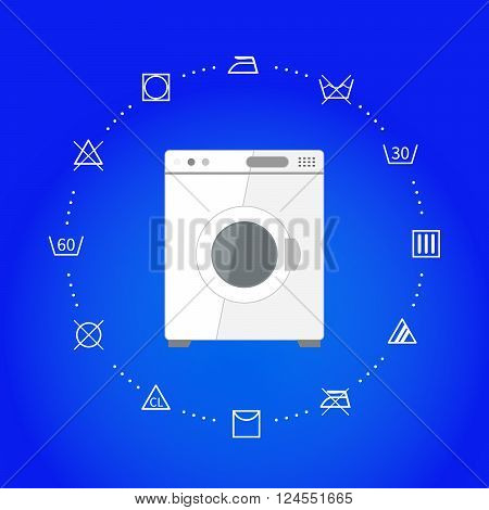 White wash machine with laundry icons on blue, square illustration