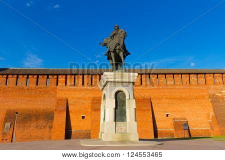Dmitry Donskoy monument against the kremlin wall Kolomna Russia.