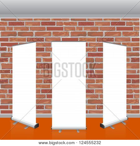 Set of Blank roll up banners display template with red brick wall background.  Realistic Interrior roof and shiny floor. Vector illustration. Mockup for your design