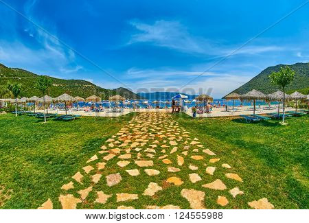 Entrance to Scenic Antisamos Beach in Kefalonia Island, Greece