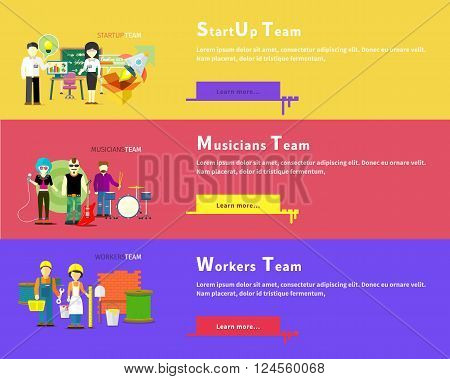 Startup business team people group flat style. Workers team people group flat style. Work and construction worker. Musicians team. Music and singer, artist and musical instruments