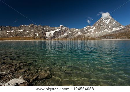 View to Mount Matterhorn and Goillet Lake (Italian Alps Cervinia)