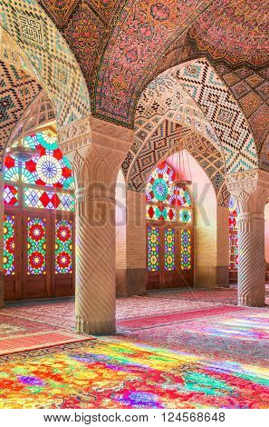 Shiraz, Iran - December 27, 2015: Nasir Al-Mulk Mosque in Shiraz, Iran, also known as Pink Mosque