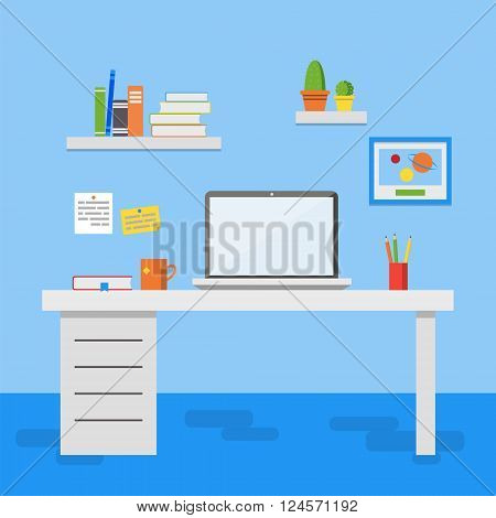 Flat design vector illustration of modern office interior. Creative office workspace with computer notes folders books plants mug. Flat minimalistic style and color