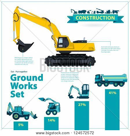 Construction machinery infographic big set of ground works machines vehicles on white background. Catalog page. Heavy equipment for building truck digger bagger excavator transportation master vector.