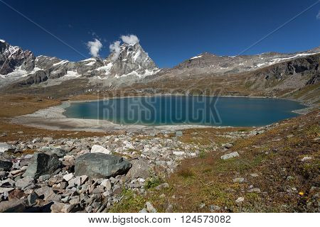 View to Mount Matterhorn and Goillet Lake (Italian Alps Cervinia)