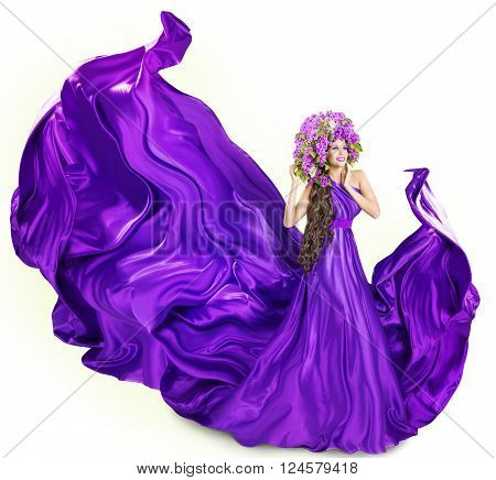 Woman Lilac Dress Fashion Model and Flowers Artistic Spring Crown over White