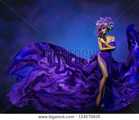 Woman Flower Dress Flying Fabric Beauty Fashion Model Dancing in Lilac Crown Hat