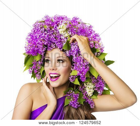 Fashion Model and Lilac Flowers Beautiful Woman with Art Crown White Background