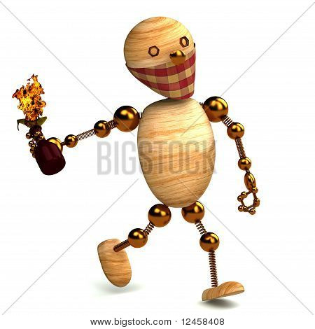 3D uomo di legno con una bomba Molotov isolato