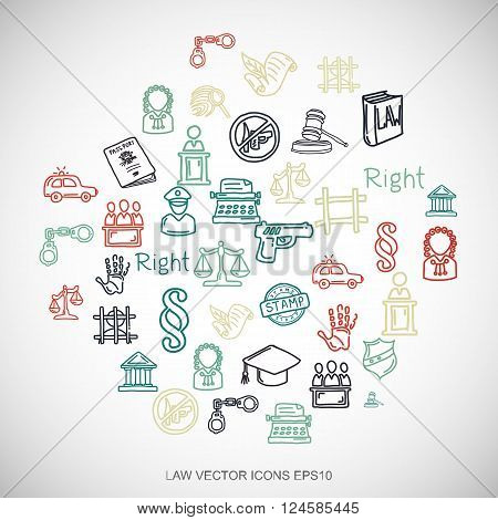 Law Multicolor doodles Hand Drawn Law Icons set on White. EPS10 vector illustration.