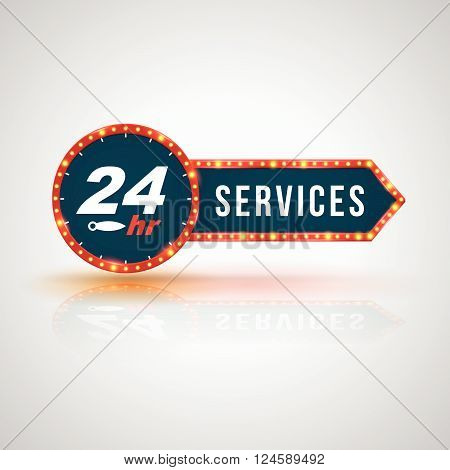 Arrow signboard 24hr Service Icon, Badge, Label or Sticker for Customer Service, Support or CRM Concept Isolated on White Background