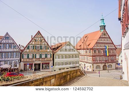 Backnang Germany - April 03 2016: In the city center of Backnang at marketplace town hall on the right half-timbered buildings.