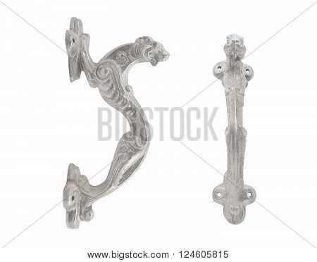 Isolated antique cheetah shape handle profile and front view on white background.