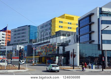 MONTREAL CANADA 04 29 2016: New McGill University Health Centre (MUHC) and shriners hospital a network of teaching and community hospitals