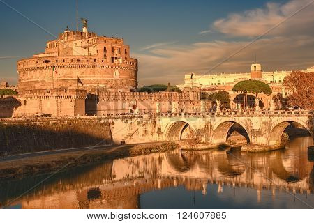 Rome, Italy: the Mausoleum of Hadrian or Castle of the Holy Angel in the sunset