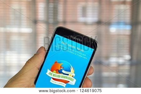 MONTREAL CANADA - MARCH 20 2016 - Firefox browser application on android cell smartphone. Firefox is a free and open-source web browser developed by the Mozilla Foundation.