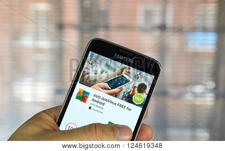 MONTREAL CANADA - APRIL 5 2016 : AVG antivirus on Android cell phone. AVG is one of the popular antivirus PC and mobile software.