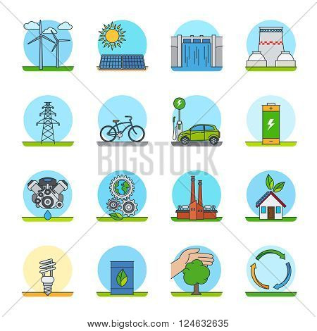 Green energy color line icons. Green power types or green technologies line icons vector