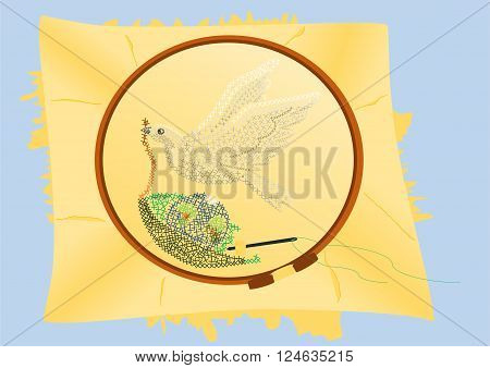 a pigeon carries a leaf with the earth in it ( embroidery)