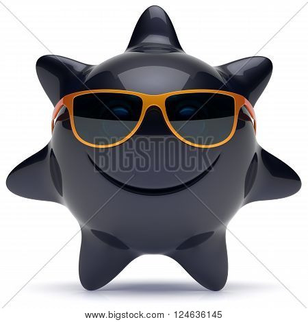 Smiley sun star face sunglasses cheerful summer smile cartoon ball emoticon happy sunny heat black orange person icon. Smiling laughing character holiday chilling sunbathing sunbeam avatar. 3D render