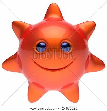 Sun star smiley face cheerful summer smile cartoon ball emoticon happy sunny heat red orange person icon. Smiling laughing character hot holiday chilling sunbathing sunbeam avatar. 3D render