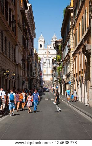 ROME-AUGUST 6: Via Condotti on August 6 2013 in Rome. Via Condotti (officially Via dei Condotti) is a busy and fashionable street of Rome Italy.