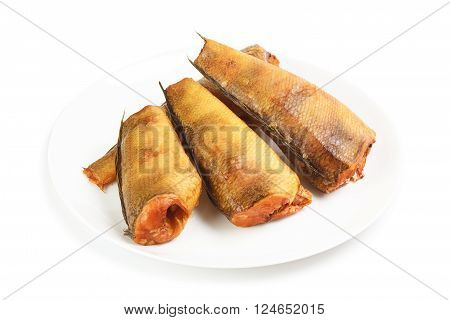 Smoked notothenia on plate isolated on a white background
