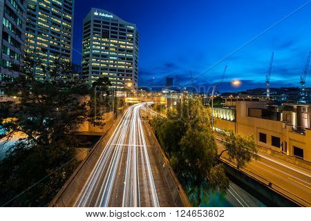Sydney Australia - November 10 2015: Long exposure car light trace at Western Distributor Fwy. View from Pyrmont Bridge towards south.