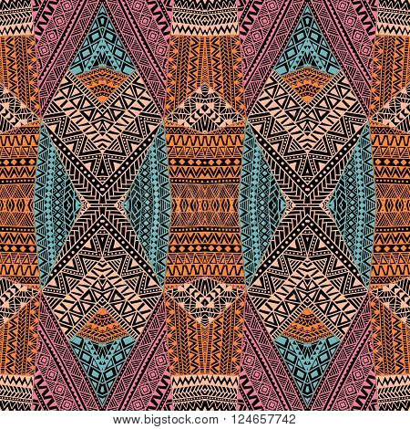 Seamless geometric pattern in the bohemian style. Abstract geometric background painted by hand. Tribal and ethnic motifs. Orange blue pink beige and black. Vector illustration. Patchwork.
