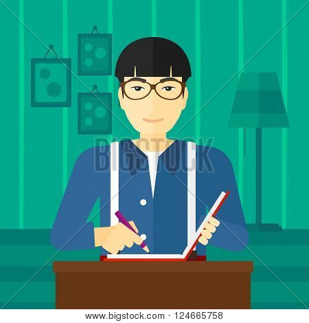 Reporter with writing-pad.