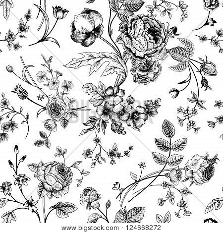 Seamless vector vintage pattern with Victorian bouquet of black flowers on a white background. Garden roses tulips delphinium petunia. Monochrome.