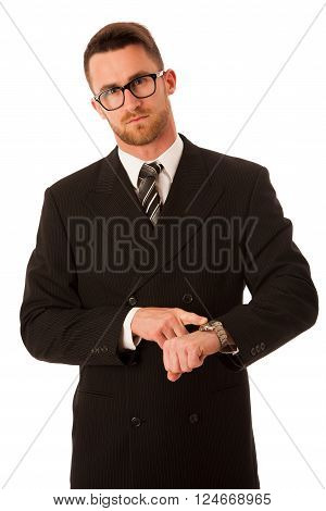 Successful Businessman In Formal Suit Chacking Time On Wrist Watch.