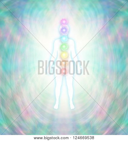 Chakra Energy Balancing  -  Soft pastel colored energy field around a white female silhouette with a turquoise glow, with seven chakras aligned centrally from crown to root