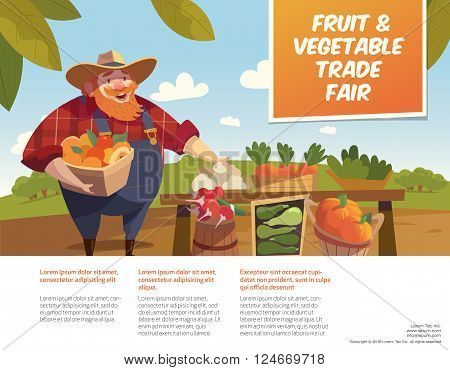 Man farmer with bucket of fruits. Vegetable stall. Fruits and vegetables trade fair flyer. Agriculture exhibition flyer. Vector. Modern flat design. EPS 10. Colorful illustration.