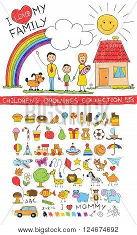 Child hand drawing illustration of happy family with kids near home, dog, sun, rainbow. Cartoon sketch image of children pencil painting vector doodles set