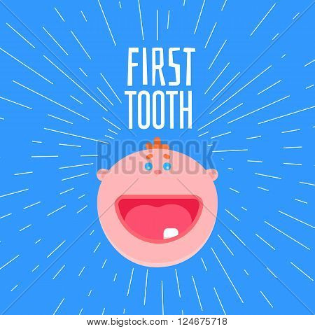 Adorable 6 months old baby laughing. First tooth greetings card with typography and baby flat style face. One kids tooth funny banner with design elements. Smile baby boy face at blue background